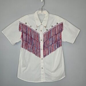 VTG Young Country Western Fringe Shirt White Studded Patriotic Red White Blue L